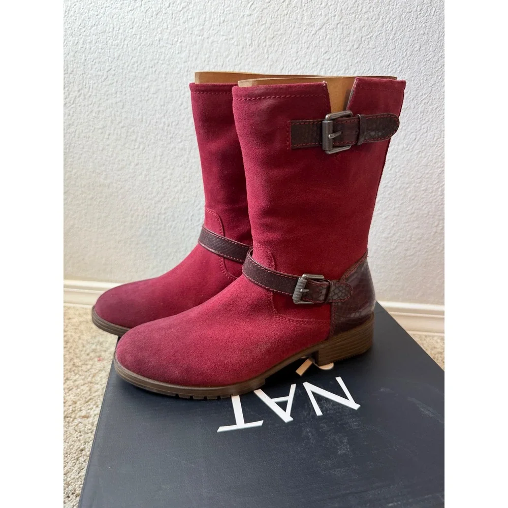 Naturalizer Genna Plum Rouge Suede Mid-Calf Buckle Boots Women's 7M